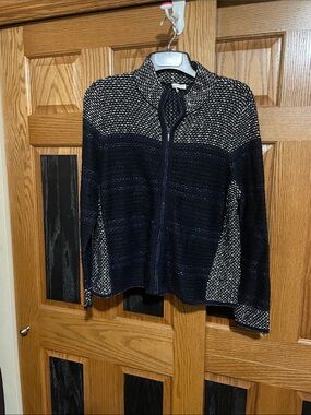 Chico’s Navy and Cream “sparkle” Zip-Front Knit Sweater